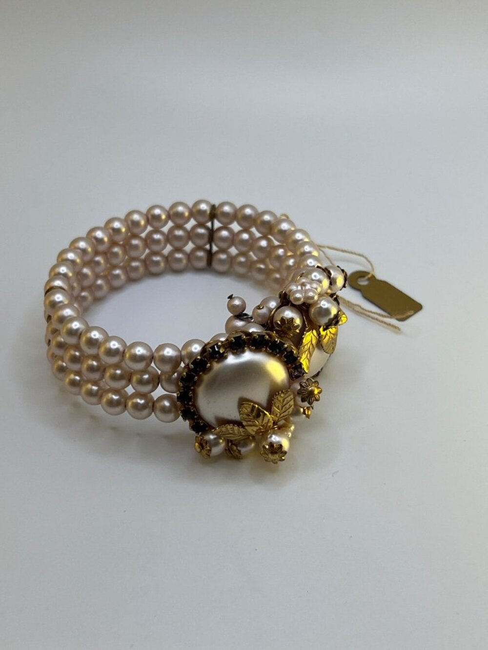 Vintage Miriam Haskell-Style Pearl & Rhinestone Memory-Wire Cuff Bracelet